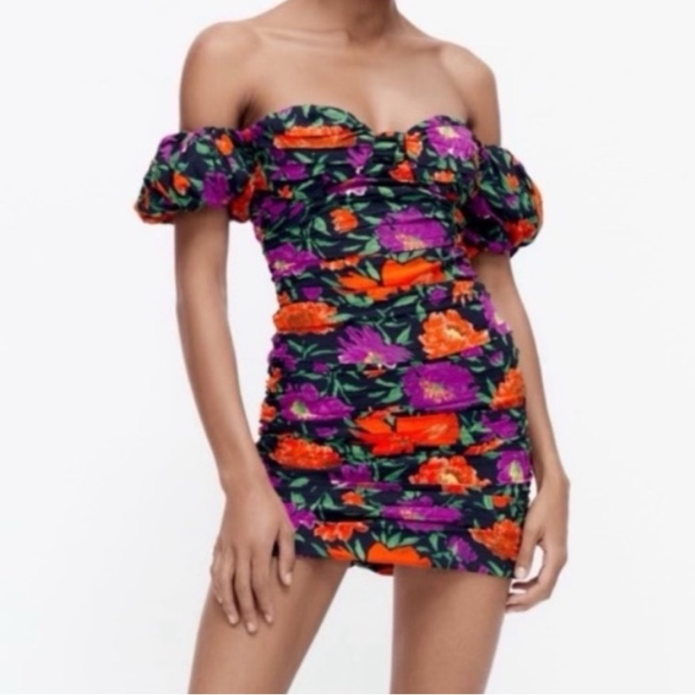 Zara Floral Off The Shoulder Puff Sleeve Ruched Mini Dress Size XS